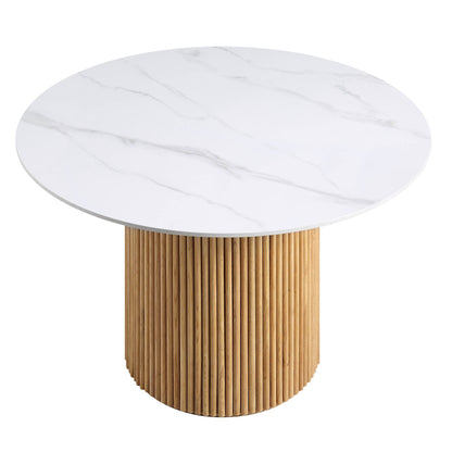 Table à manger ronde Maru avec plateau en céramique et piédestal en chêne