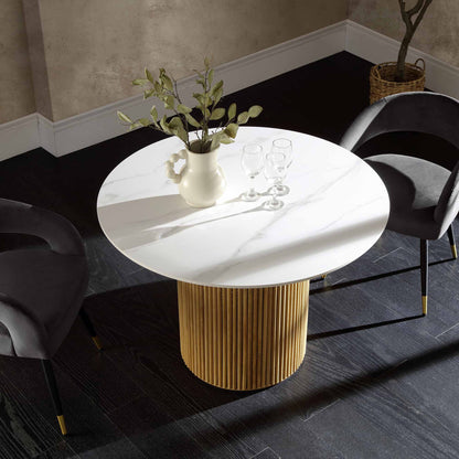 Table à manger ronde Maru avec plateau en céramique et piédestal en chêne