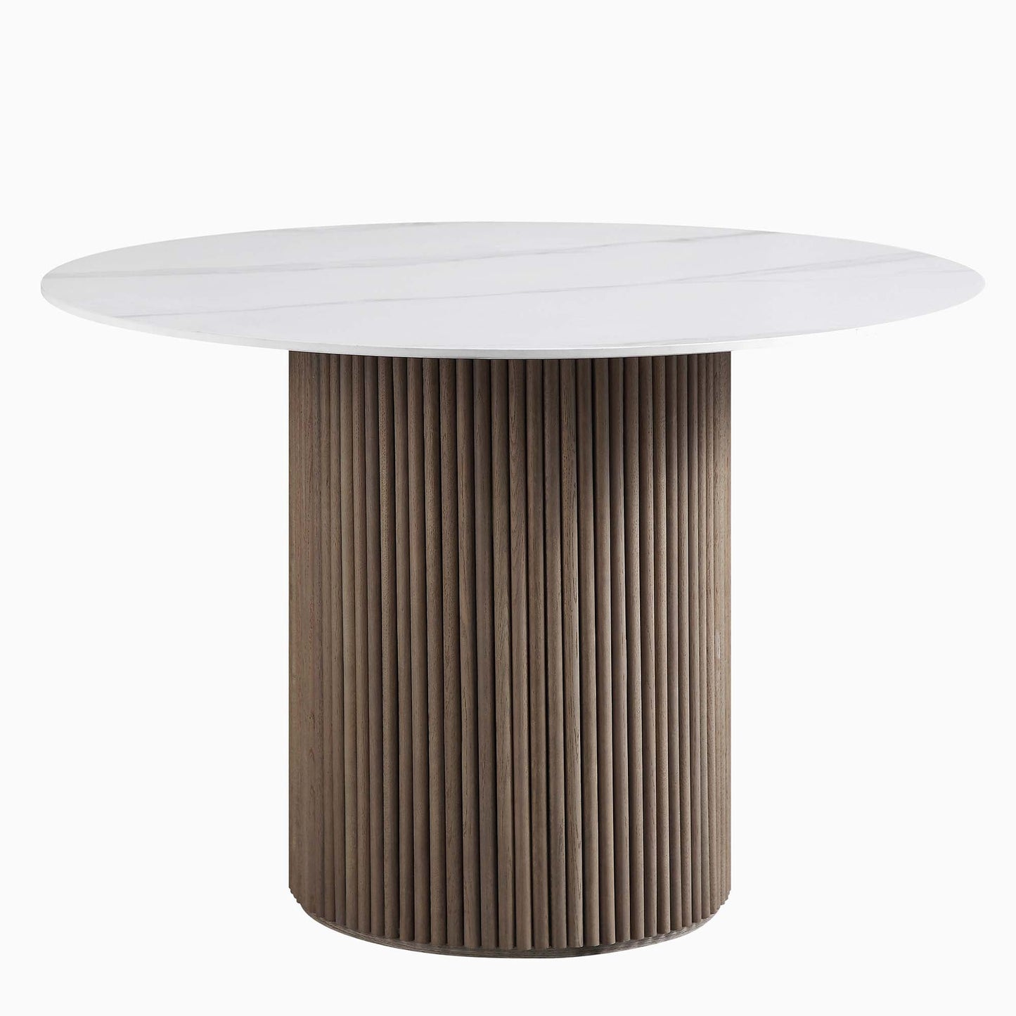 Table à manger ronde Maru avec plateau en céramique et piédestal en chêne argenté