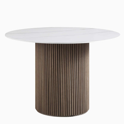 Table à manger ronde Maru avec plateau en céramique et piédestal en chêne argenté