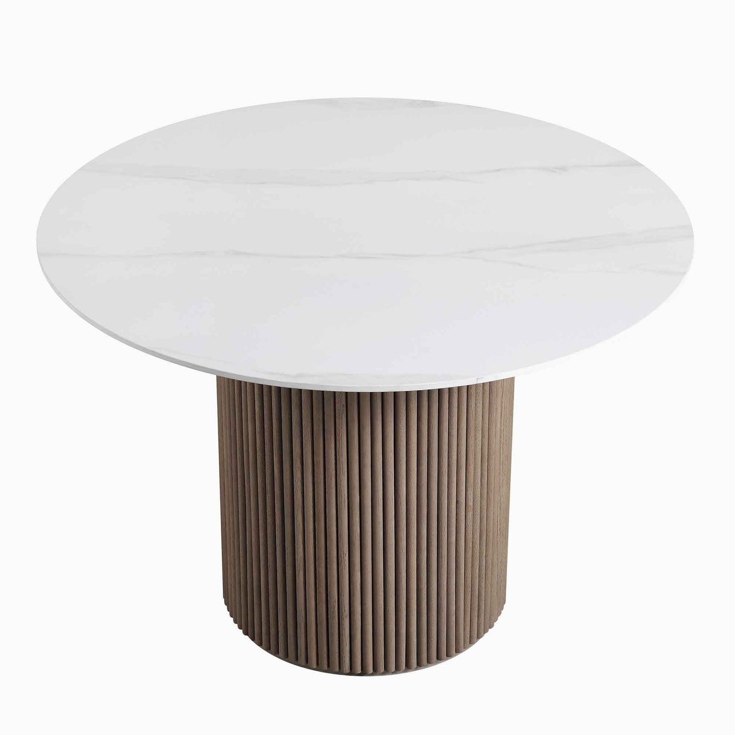Table à manger ronde Maru avec plateau en céramique et piédestal en chêne argenté