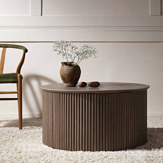 Table basse ronde en chêne Maru avec rangement, chêne argenté