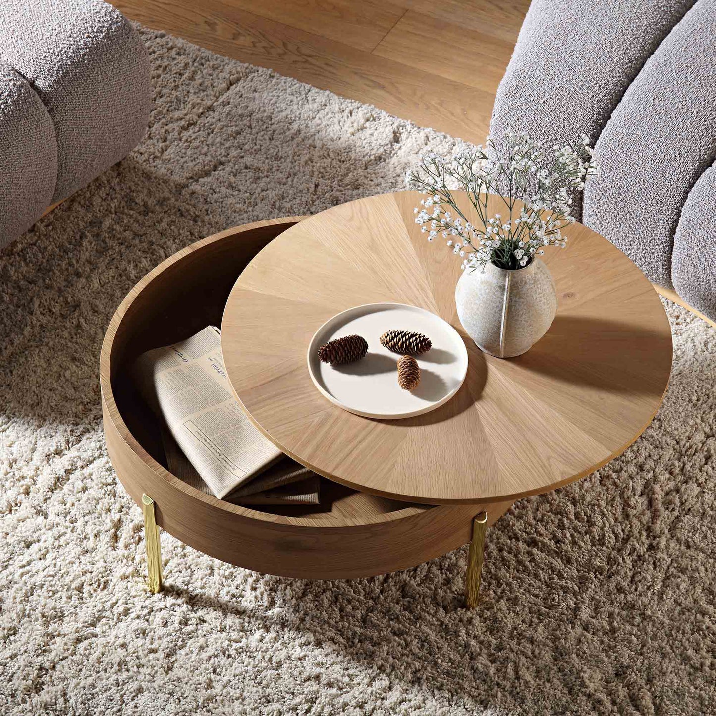 Table basse ronde rotative en chêne Bohdi