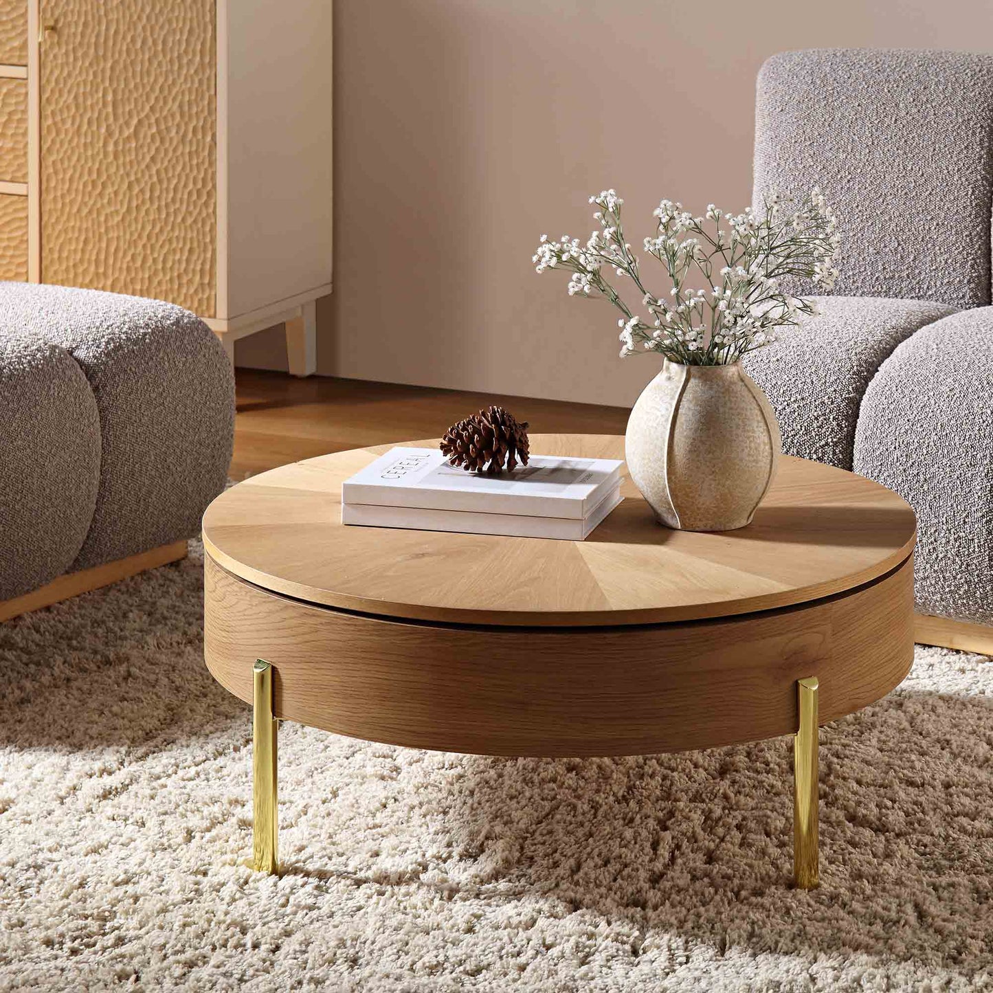 Table basse ronde rotative en chêne Bohdi