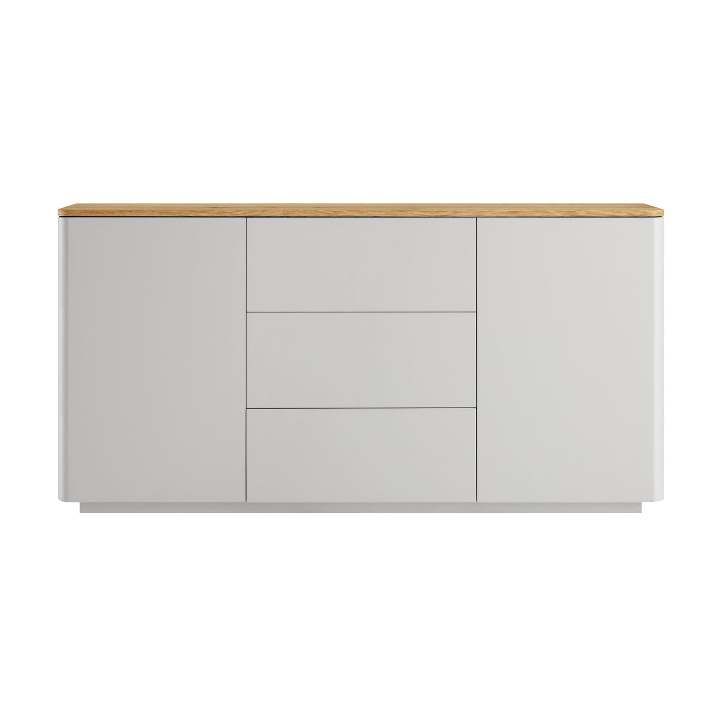 Buffet large Agnes à bords incurvés, 2 portes et 3 tiroirs, gris tourterelle avec plateau en chêne