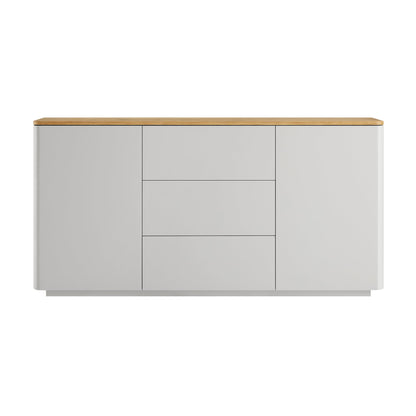 Buffet large Agnes à bords incurvés, 2 portes et 3 tiroirs, gris tourterelle avec plateau en chêne