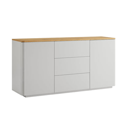 Buffet large Agnes à bords incurvés, 2 portes et 3 tiroirs, gris tourterelle avec plateau en chêne