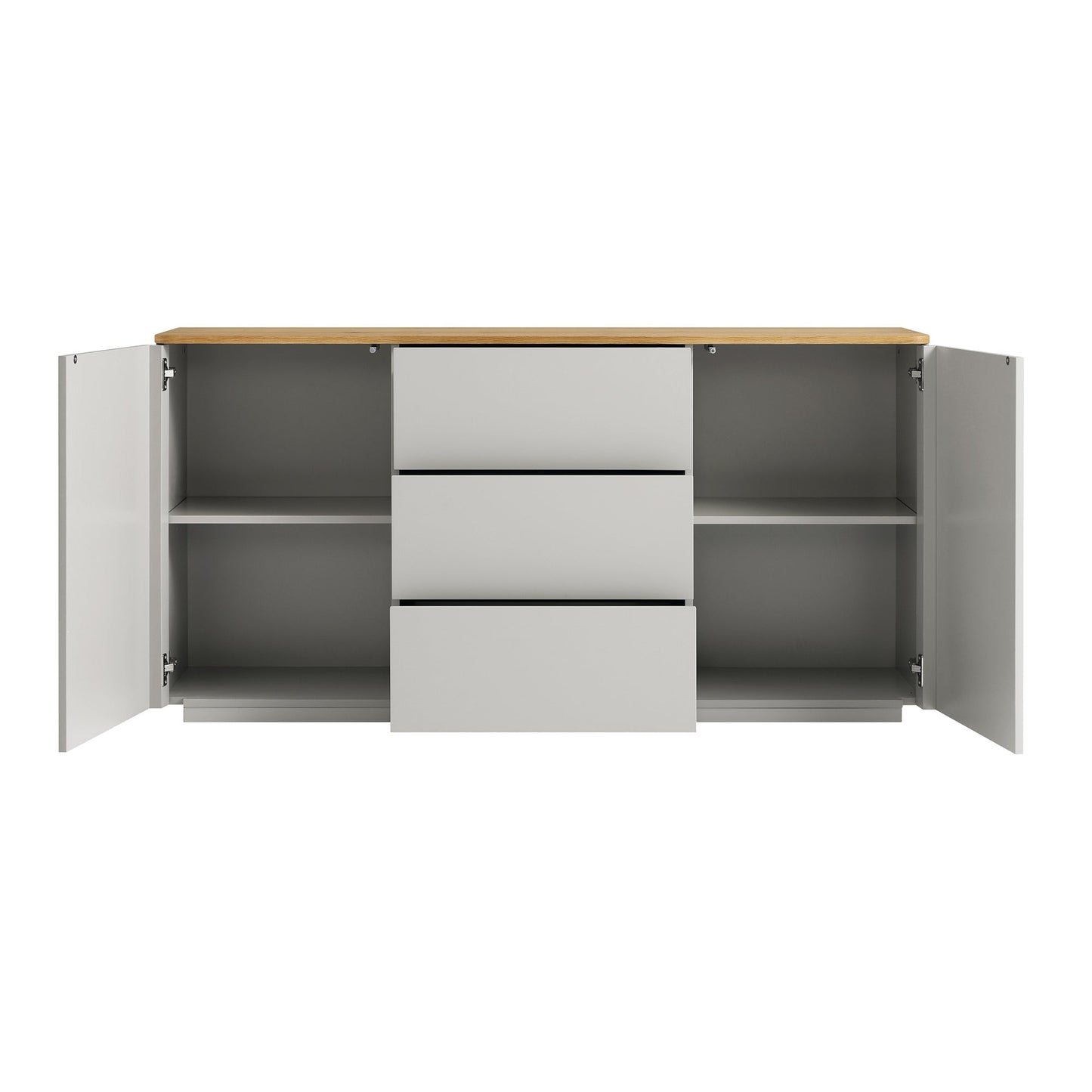 Buffet large Agnes à bords incurvés, 2 portes et 3 tiroirs, gris tourterelle avec plateau en chêne