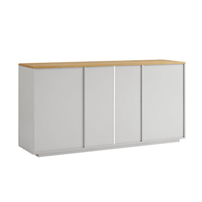 Buffet large Agnes à bords incurvés, 2 portes et 3 tiroirs, gris tourterelle avec plateau en chêne