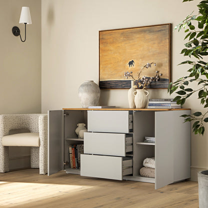 Buffet large Agnes à bords incurvés, 2 portes et 3 tiroirs, gris tourterelle avec plateau en chêne