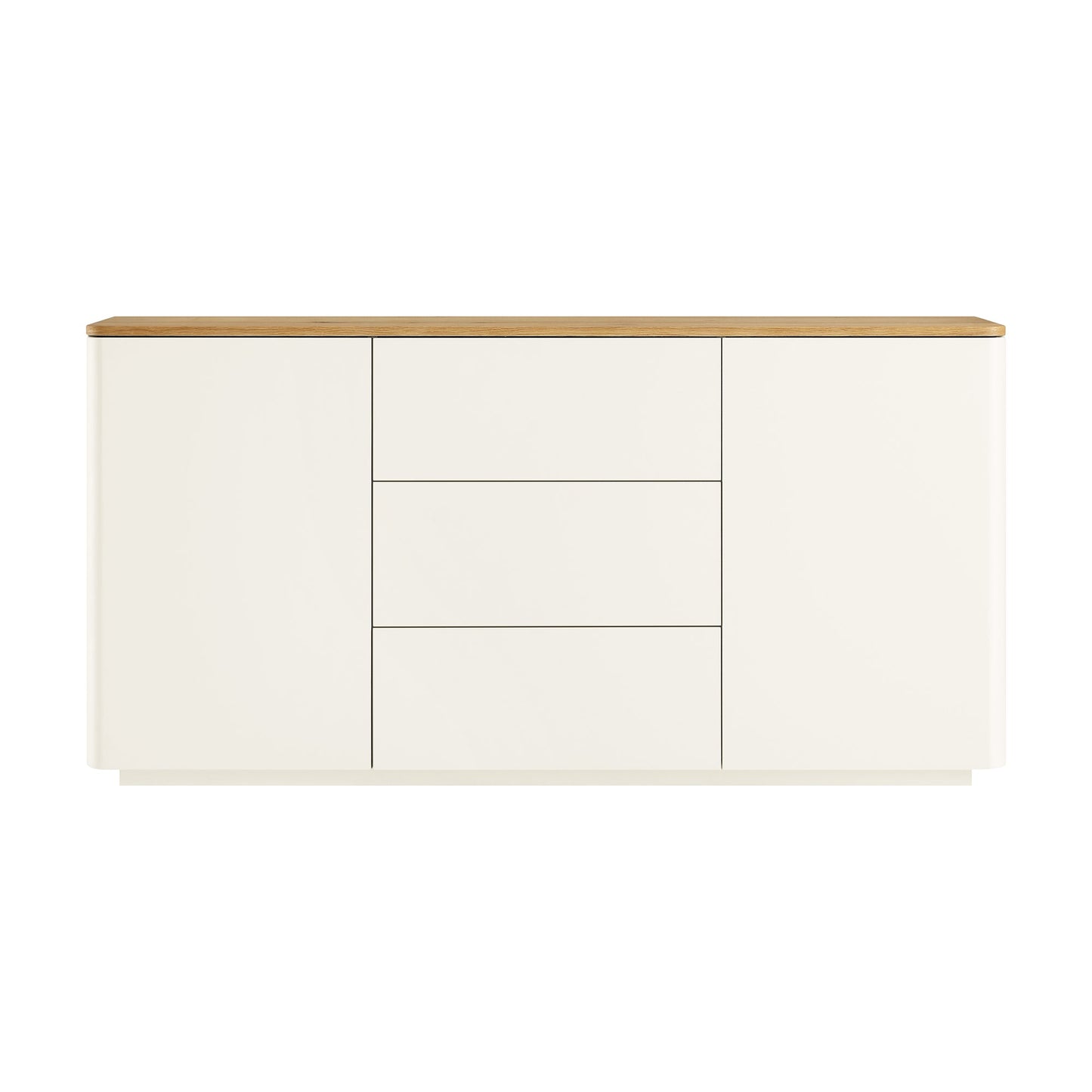 Buffet large Agnes à bords incurvés, 2 portes et 3 tiroirs, blanc cassé avec plateau en chêne
