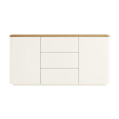 Buffet large Agnes à bords incurvés, 2 portes et 3 tiroirs, blanc cassé avec plateau en chêne