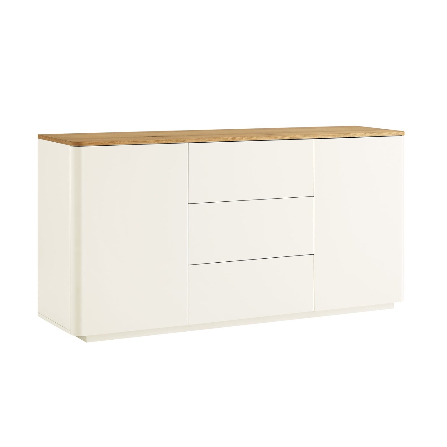 Buffet large Agnes à bords incurvés, 2 portes et 3 tiroirs, blanc cassé avec plateau en chêne