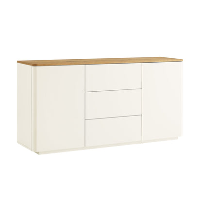 Buffet large Agnes à bords incurvés, 2 portes et 3 tiroirs, blanc cassé avec plateau en chêne