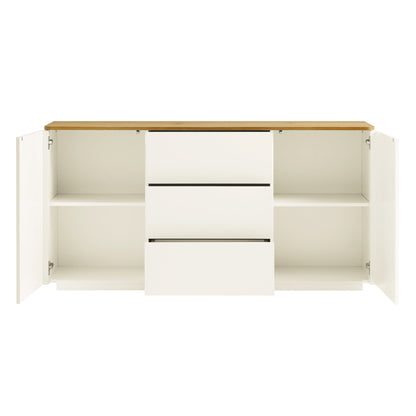 Buffet large Agnes à bords incurvés, 2 portes et 3 tiroirs, blanc cassé avec plateau en chêne