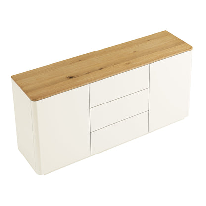 Buffet large Agnes à bords incurvés, 2 portes et 3 tiroirs, blanc cassé avec plateau en chêne