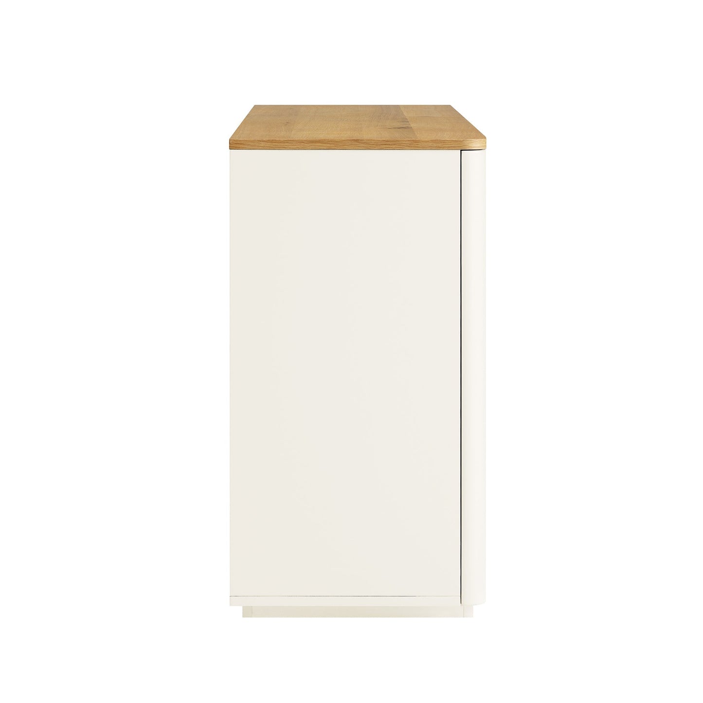 Buffet large Agnes à bords incurvés, 2 portes et 3 tiroirs, blanc cassé avec plateau en chêne
