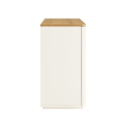 Buffet large Agnes à bords incurvés, 2 portes et 3 tiroirs, blanc cassé avec plateau en chêne