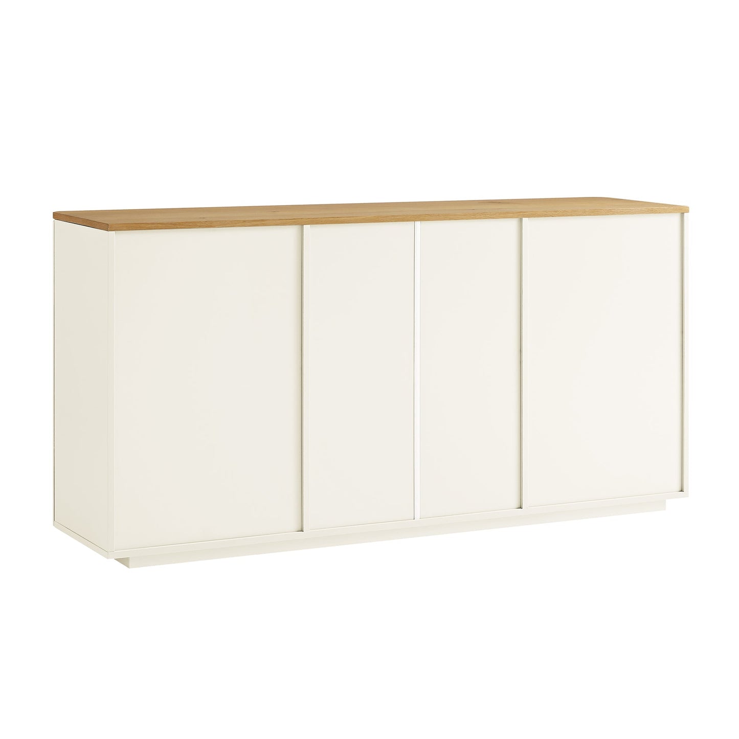 Buffet large Agnes à bords incurvés, 2 portes et 3 tiroirs, blanc cassé avec plateau en chêne