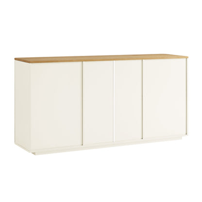 Buffet large Agnes à bords incurvés, 2 portes et 3 tiroirs, blanc cassé avec plateau en chêne