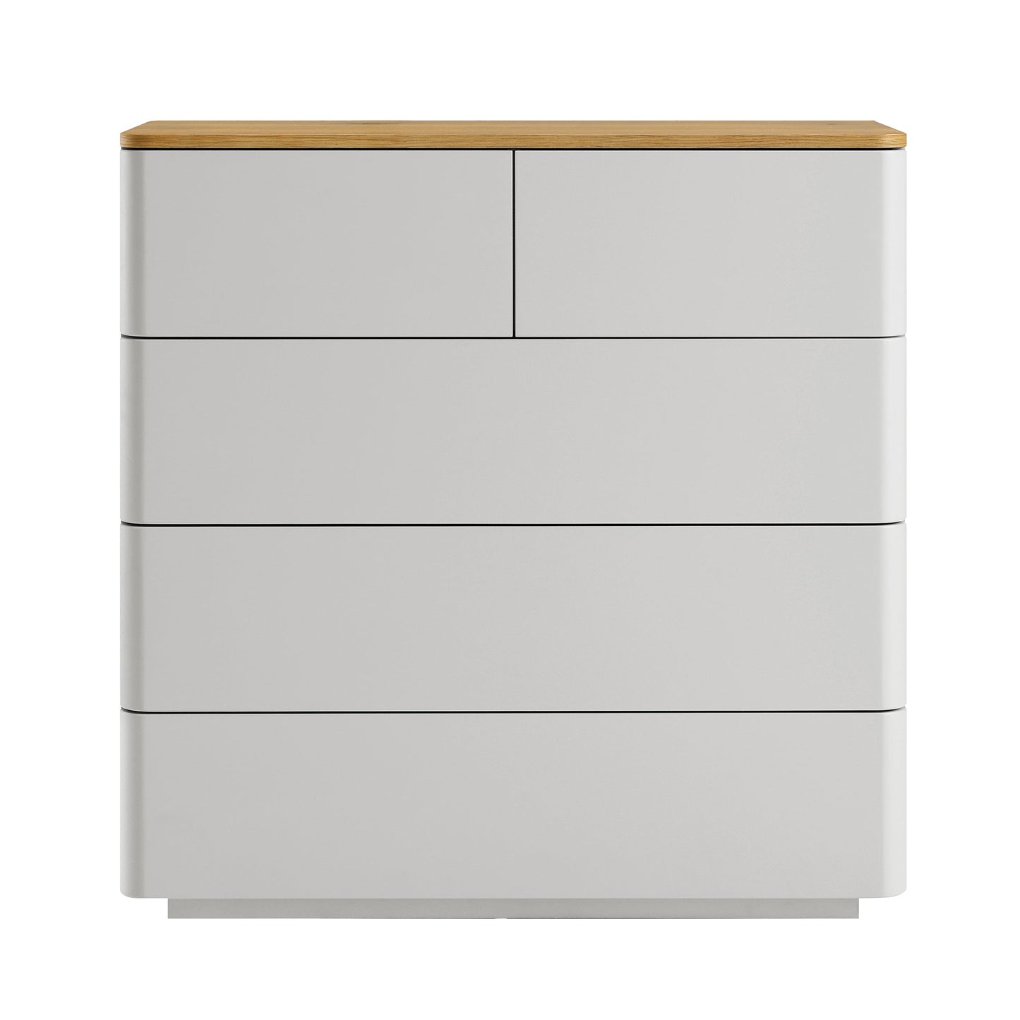 Commode 5 tiroirs à bords incurvés Agnes, gris tourterelle avec plateau en chêne
