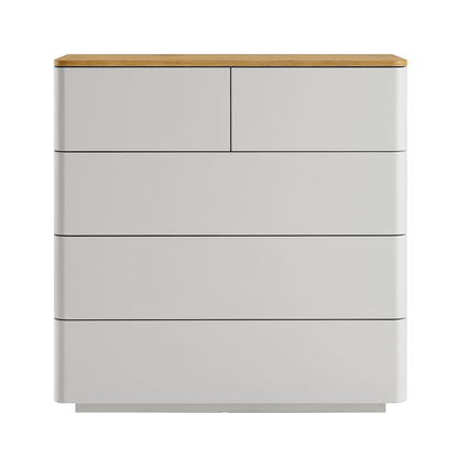 Commode 5 tiroirs à bords incurvés Agnes, gris tourterelle avec plateau en chêne