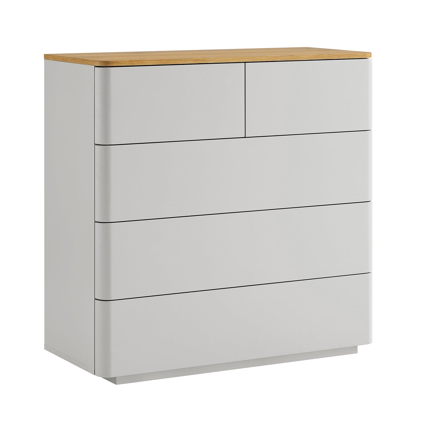 Commode 5 tiroirs à bords incurvés Agnes, gris tourterelle avec plateau en chêne