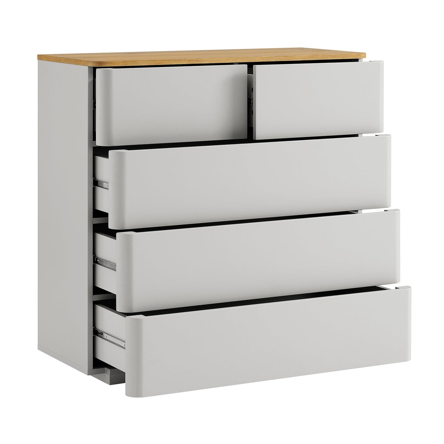 Commode 5 tiroirs à bords incurvés Agnes, gris tourterelle avec plateau en chêne