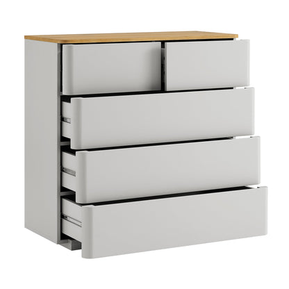 Commode 5 tiroirs à bords incurvés Agnes, gris tourterelle avec plateau en chêne