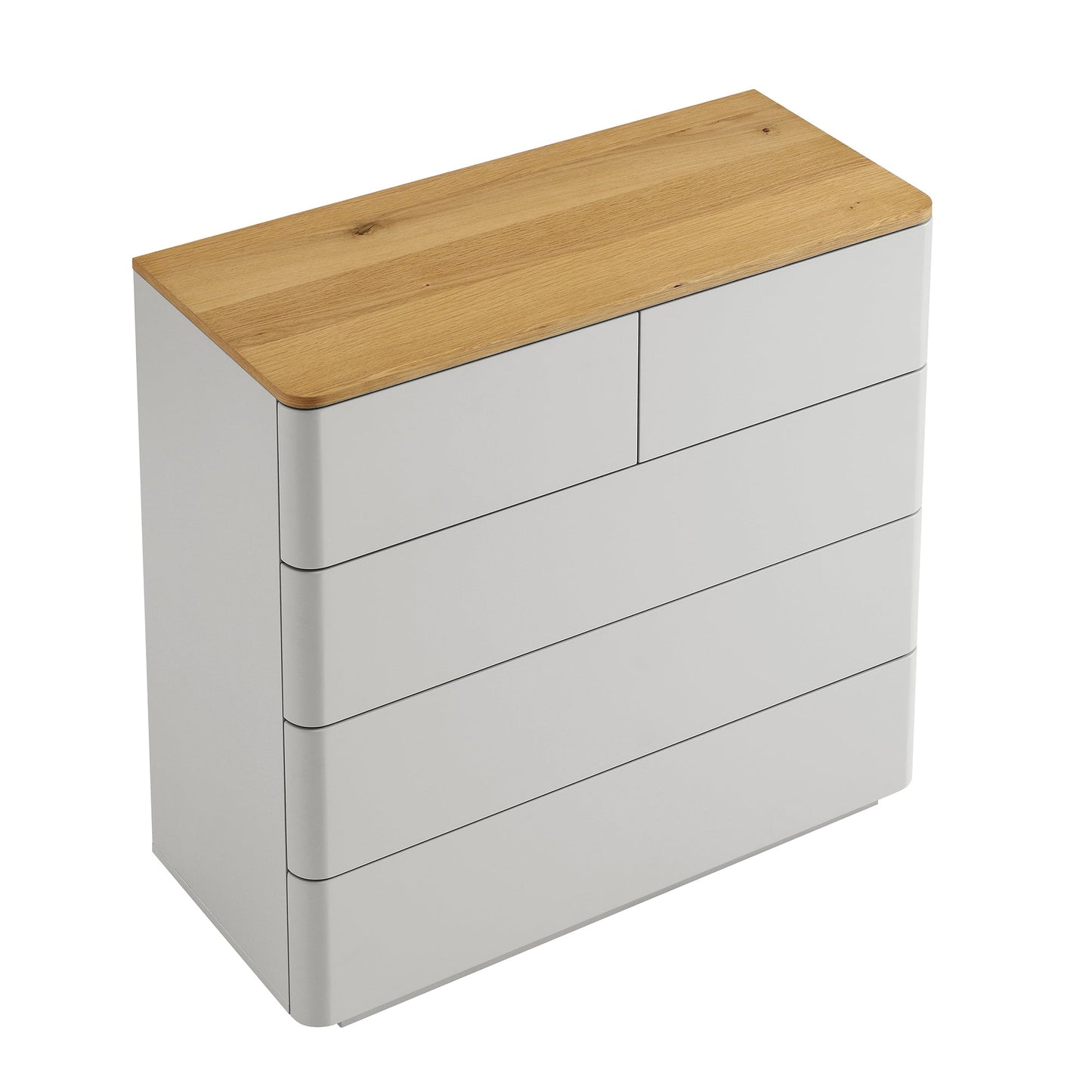 Commode 5 tiroirs à bords incurvés Agnes, gris tourterelle avec plateau en chêne