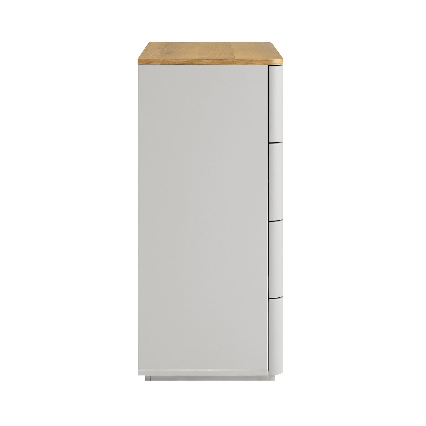 Commode 5 tiroirs à bords incurvés Agnes, gris tourterelle avec plateau en chêne