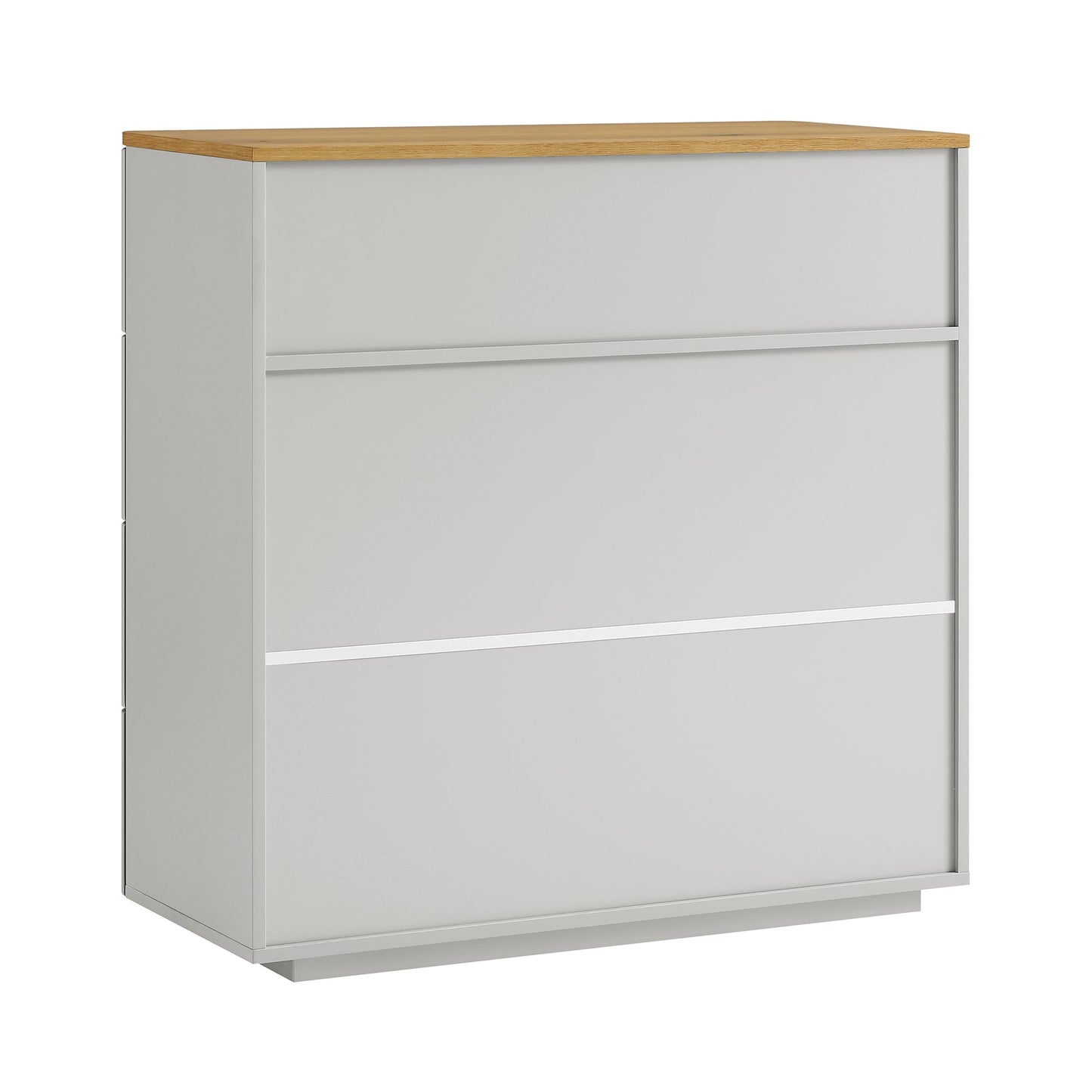Commode 5 tiroirs à bords incurvés Agnes, gris tourterelle avec plateau en chêne