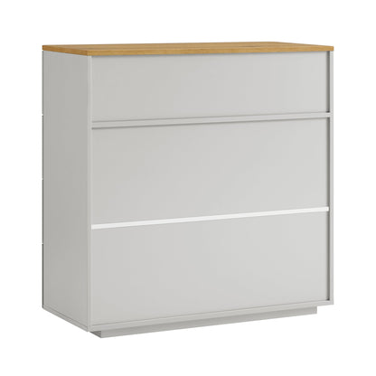 Commode 5 tiroirs à bords incurvés Agnes, gris tourterelle avec plateau en chêne