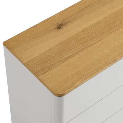Commode 5 tiroirs à bords incurvés Agnes, gris tourterelle avec plateau en chêne
