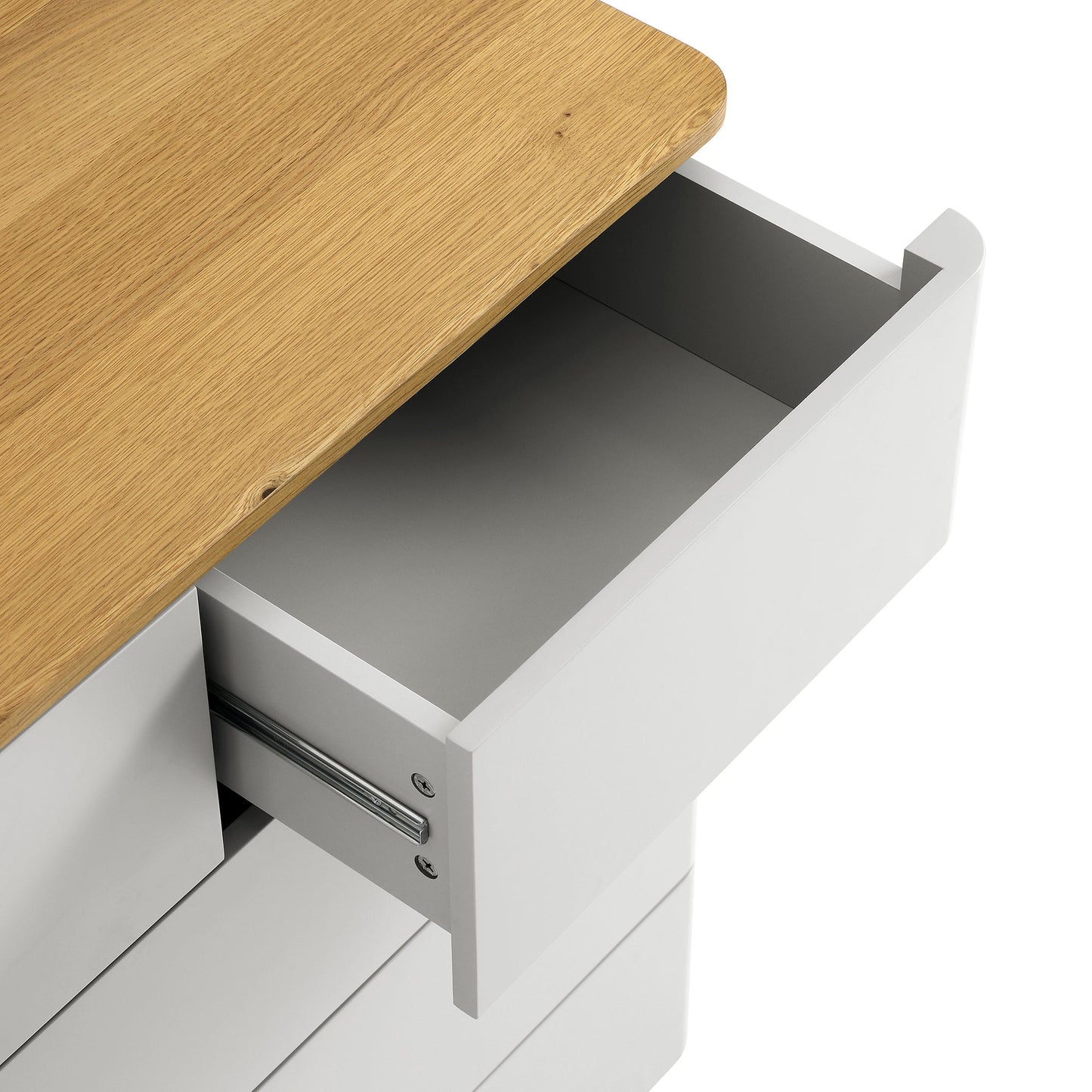 Commode 5 tiroirs à bords incurvés Agnes, gris tourterelle avec plateau en chêne