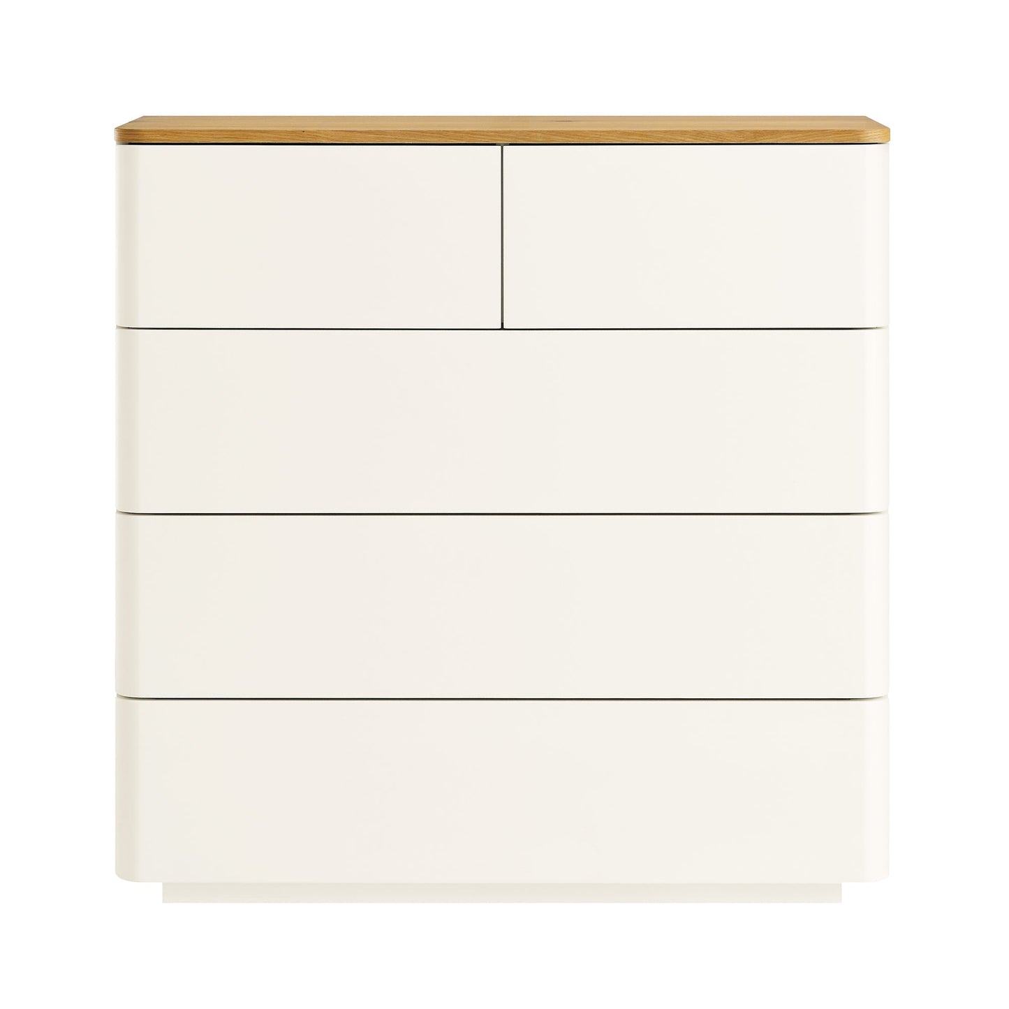 Commode 5 tiroirs à bords incurvés Agnes, blanc cassé avec plateau en chêne