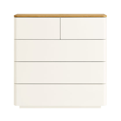 Commode 5 tiroirs à bords incurvés Agnes, blanc cassé avec plateau en chêne