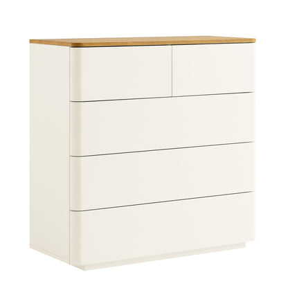 Commode 5 tiroirs à bords incurvés Agnes, blanc cassé avec plateau en chêne