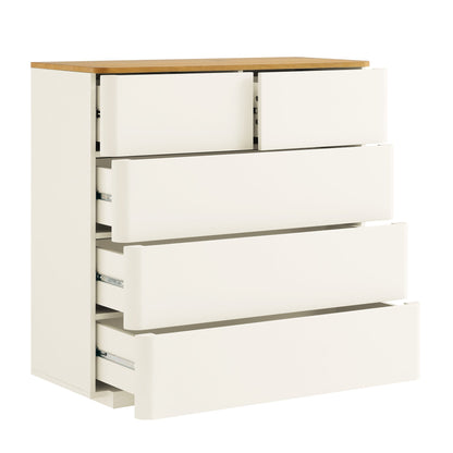 Commode 5 tiroirs à bords incurvés Agnes, blanc cassé avec plateau en chêne