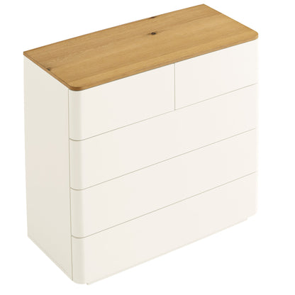 Commode 5 tiroirs à bords incurvés Agnes, blanc cassé avec plateau en chêne