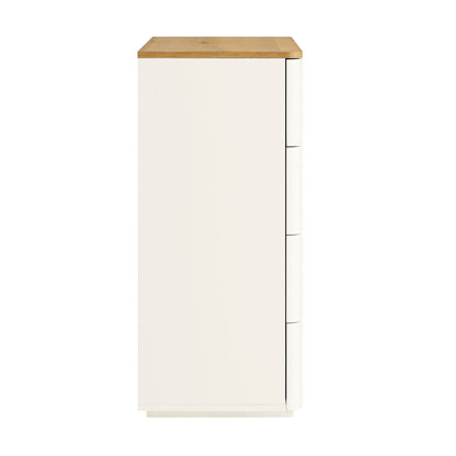 Commode 5 tiroirs à bords incurvés Agnes, blanc cassé avec plateau en chêne