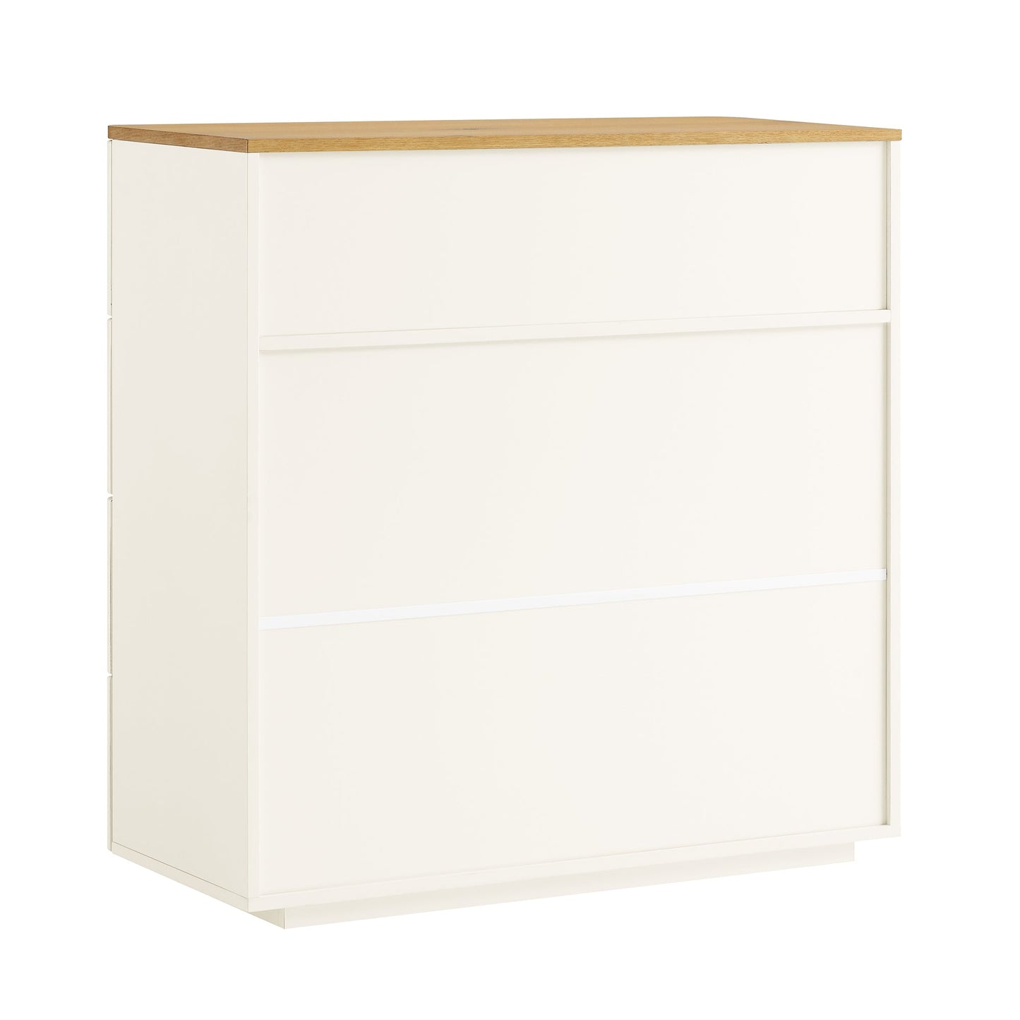 Commode 5 tiroirs à bords incurvés Agnes, blanc cassé avec plateau en chêne