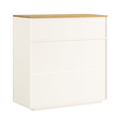 Commode 5 tiroirs à bords incurvés Agnes, blanc cassé avec plateau en chêne