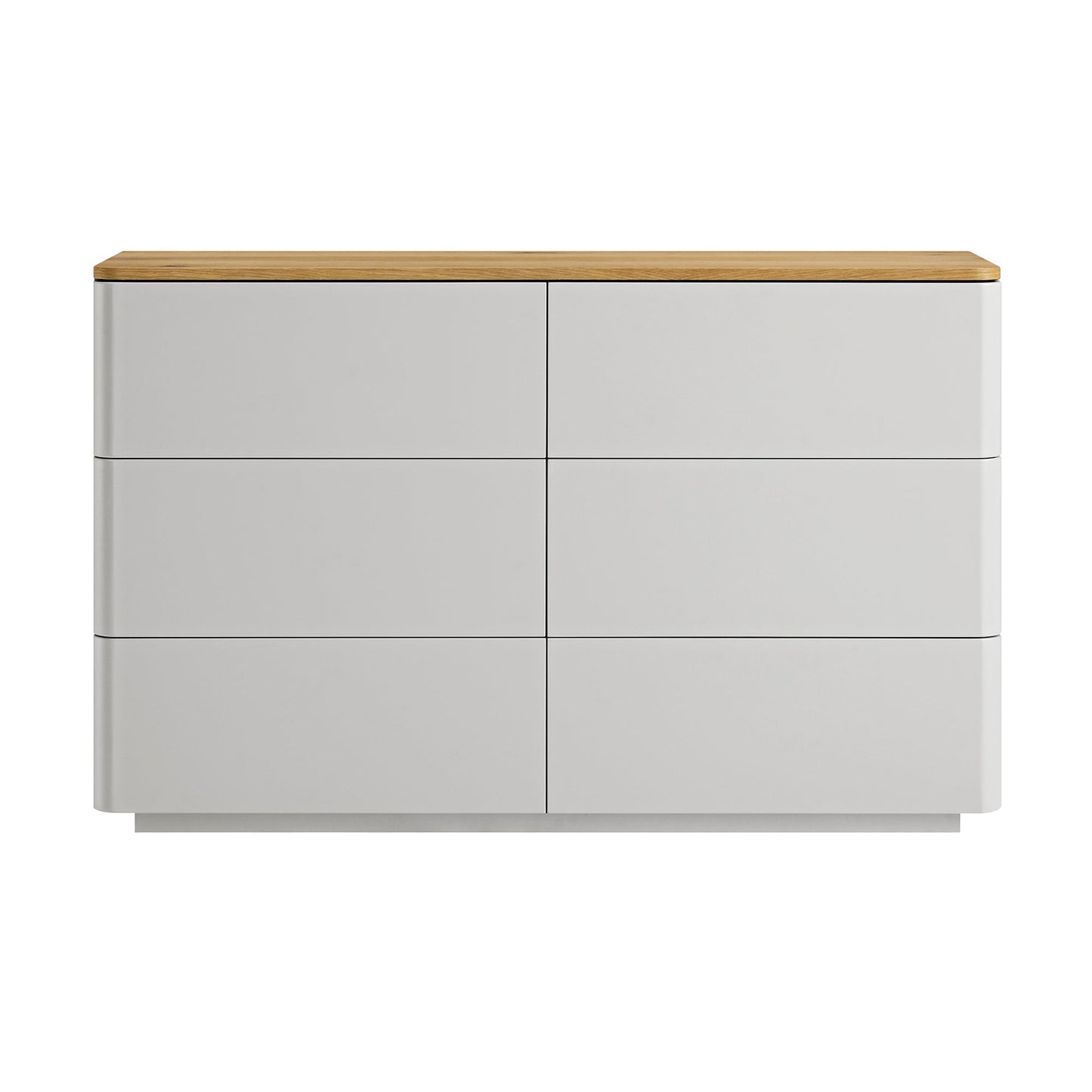 Commode Agnes à 6 tiroirs à bords incurvés, gris tourterelle avec plateau en chêne