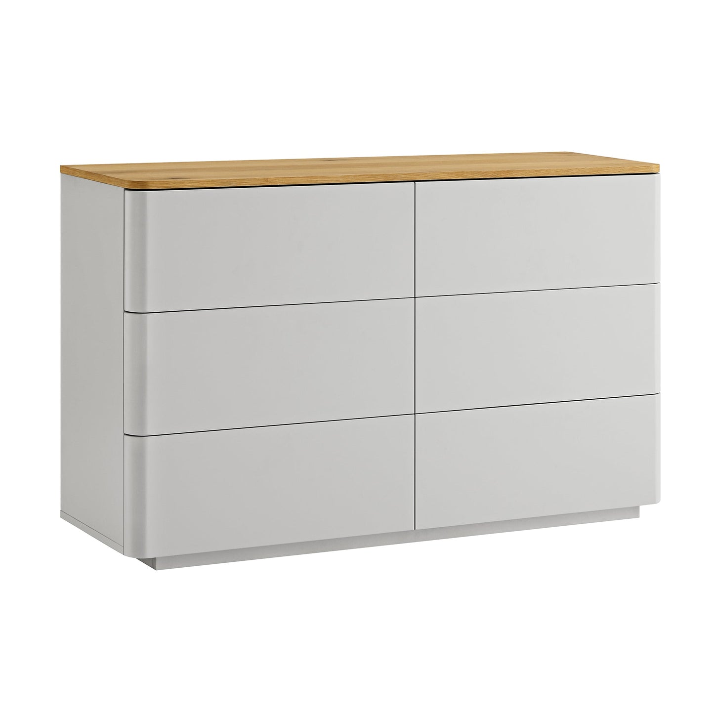 Commode Agnes à 6 tiroirs à bords incurvés, gris tourterelle avec plateau en chêne