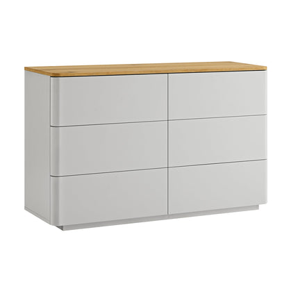 Commode Agnes à 6 tiroirs à bords incurvés, gris tourterelle avec plateau en chêne