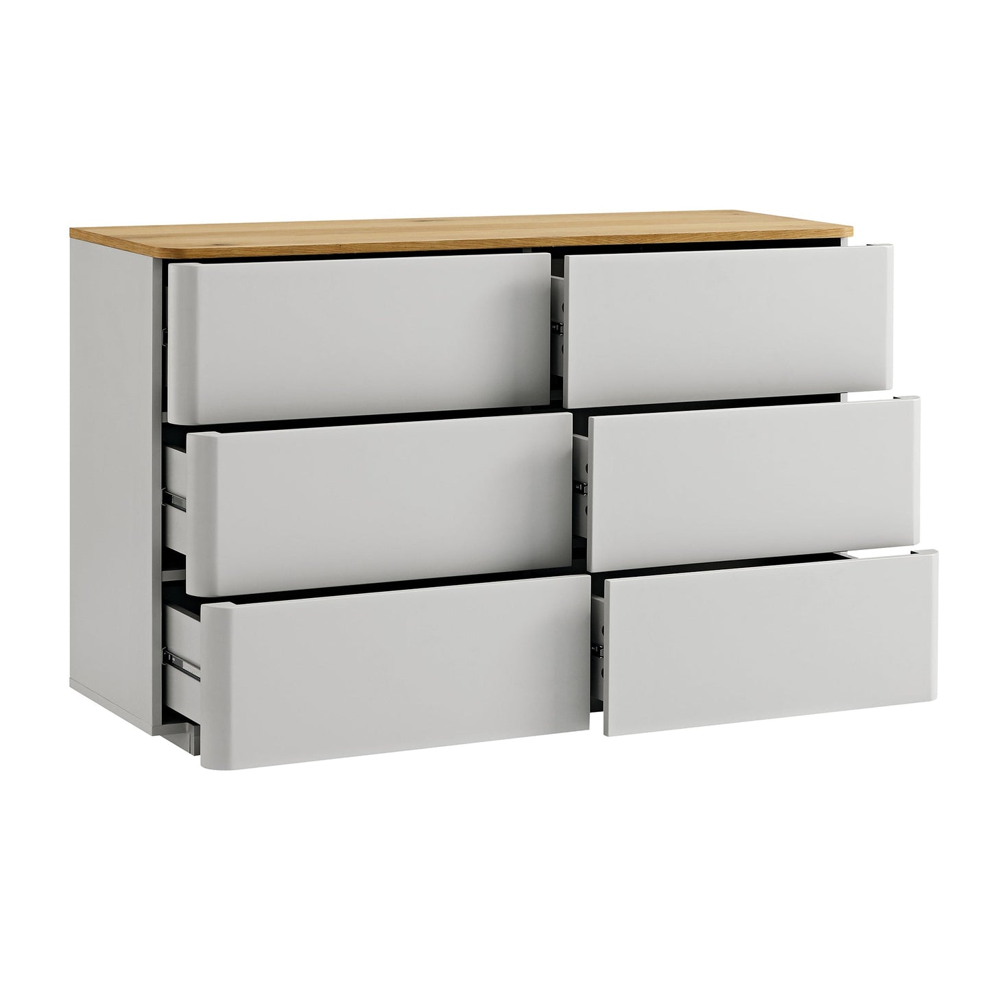 Commode Agnes à 6 tiroirs à bords incurvés, gris tourterelle avec plateau en chêne