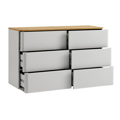 Commode Agnes à 6 tiroirs à bords incurvés, gris tourterelle avec plateau en chêne