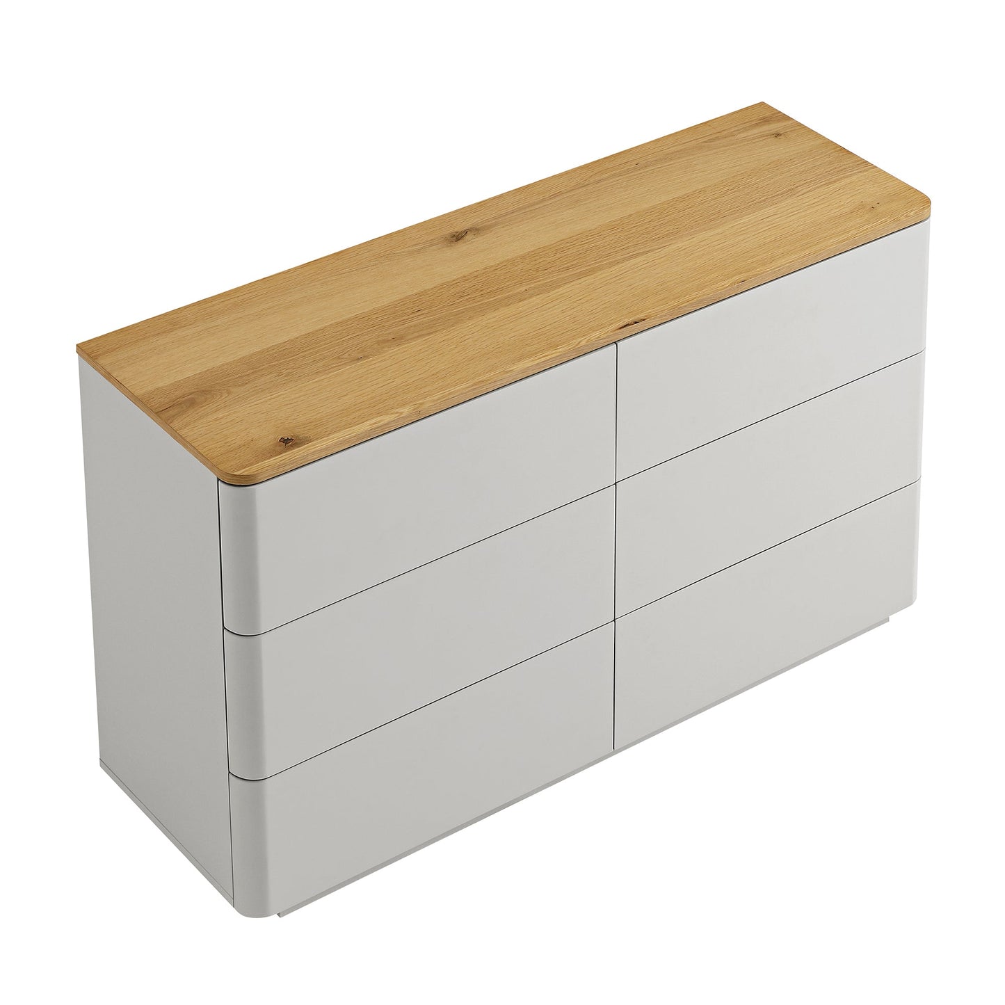 Commode Agnes à 6 tiroirs à bords incurvés, gris tourterelle avec plateau en chêne