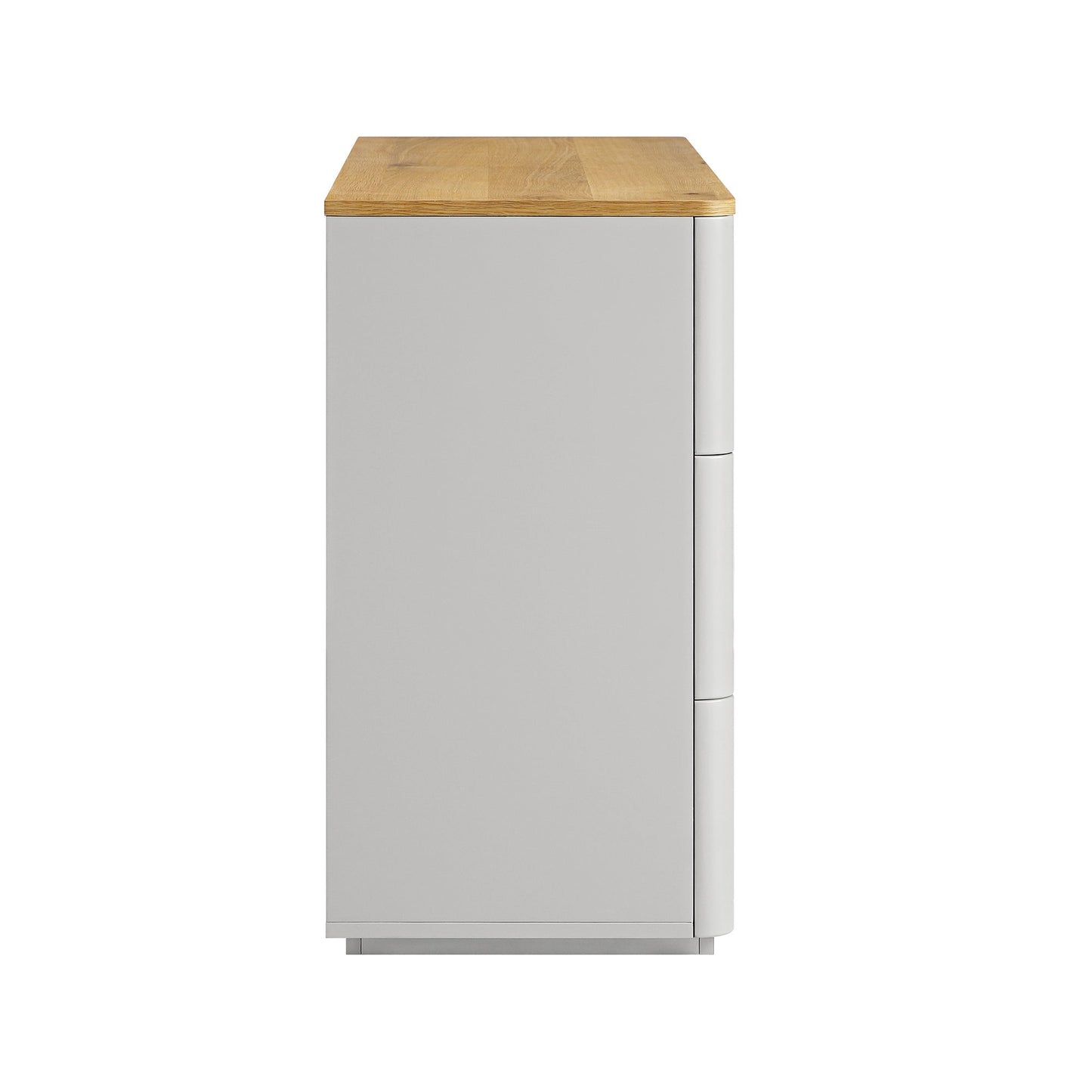 Commode Agnes à 6 tiroirs à bords incurvés, gris tourterelle avec plateau en chêne